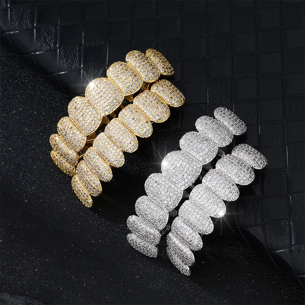 Хип-хоп модный набор зубов Iced Out Grills для мужчин и женщин Bling AAA + CZ Stones Paved Copper Dentist Decor Косплей Зубы Ювелирные изделия