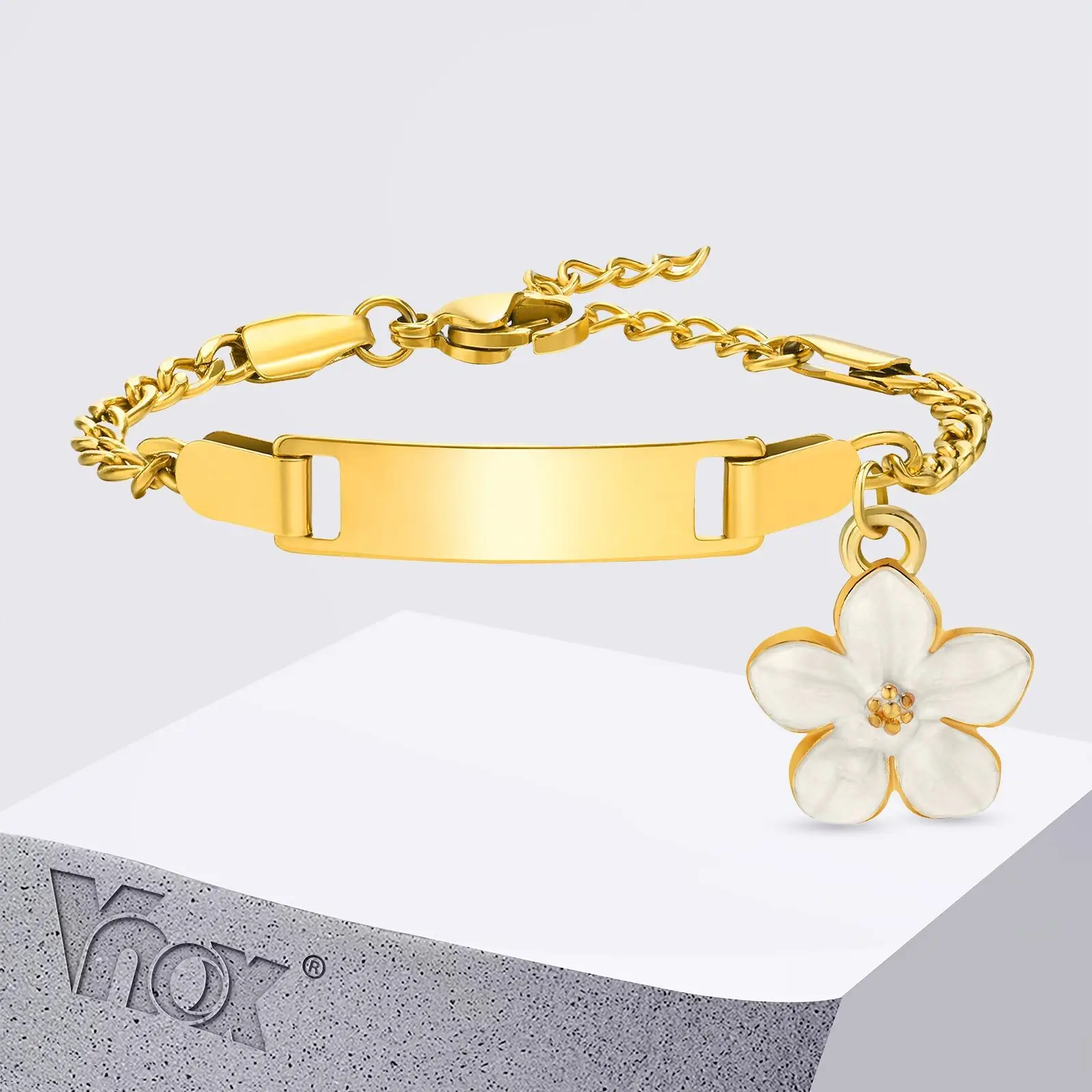 

Vnox Бесплатные милые детские браслеты на заказ с цветами, табличка с гравировкой из нержавеющей стали, подарки на день рождения для детей