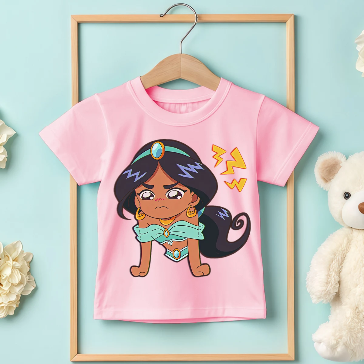 

Детская базовая одежда из 100% хлопка Angry Princess Jasmine, удобная футболка для девочек, уличная футболка с круглым вырезом и короткими рукавами