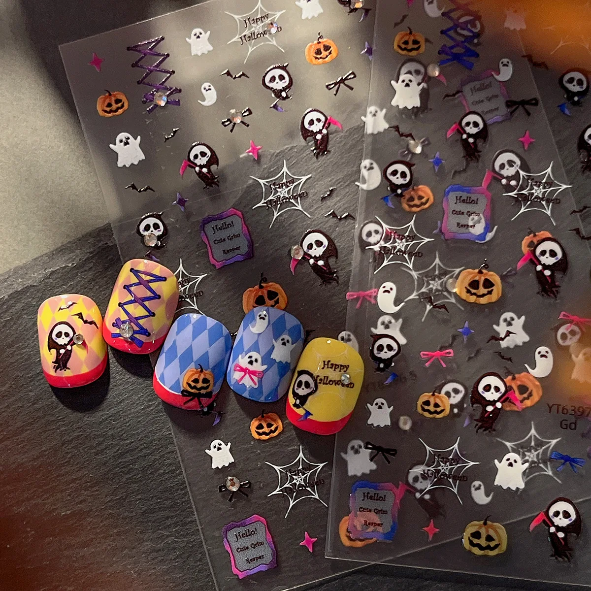 1 ورقة 5D هالوين الرجعية الأظافر ملصقات الموت شبح الشر اليقطين مسمار الفن الديكور الكرتون DIY بها بنفسك ذاتية اللصق مانيكير المنزلق