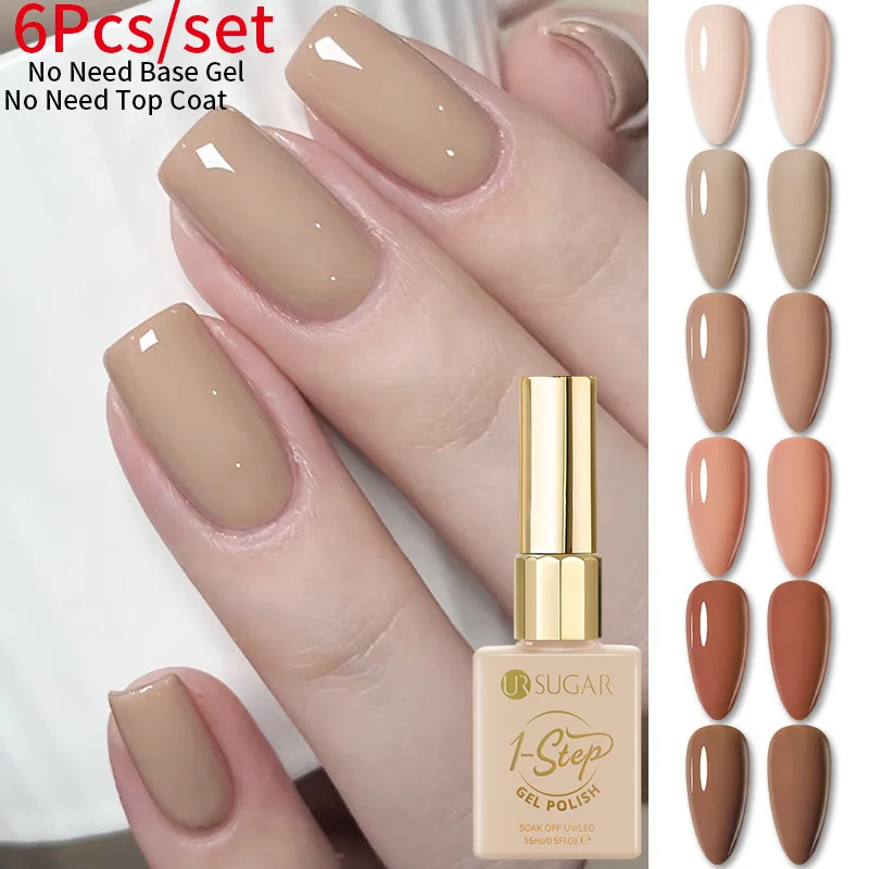 

UR SUGAR 6PCS 1-Step Gel Nail Polish Set 3IN1 Color Gel Semi Permanent Soak Off Autumn Winter Nail Art UV LED Hybrid Varnish 15m