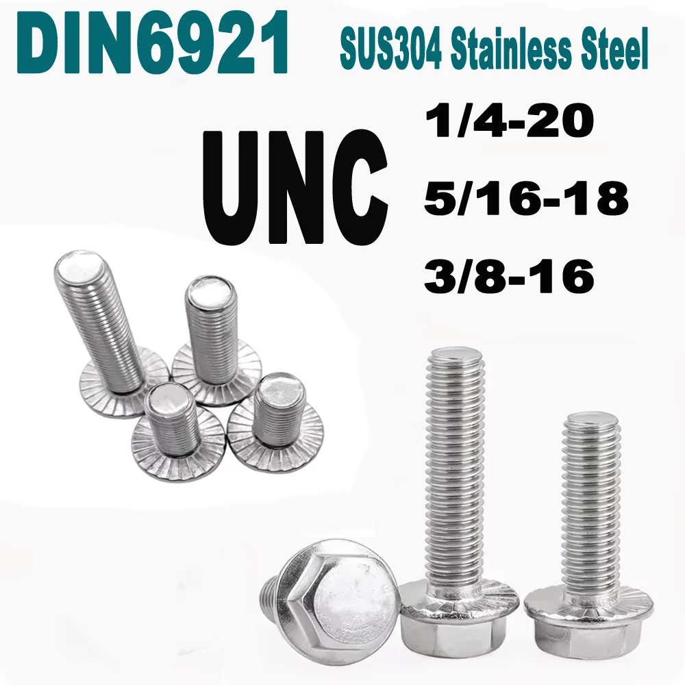 

UNC Flange Bolts 1/4 5/16 3/8, SUS304 Stainless Steel Hex Head Serrated Cap Screws for Automotive
