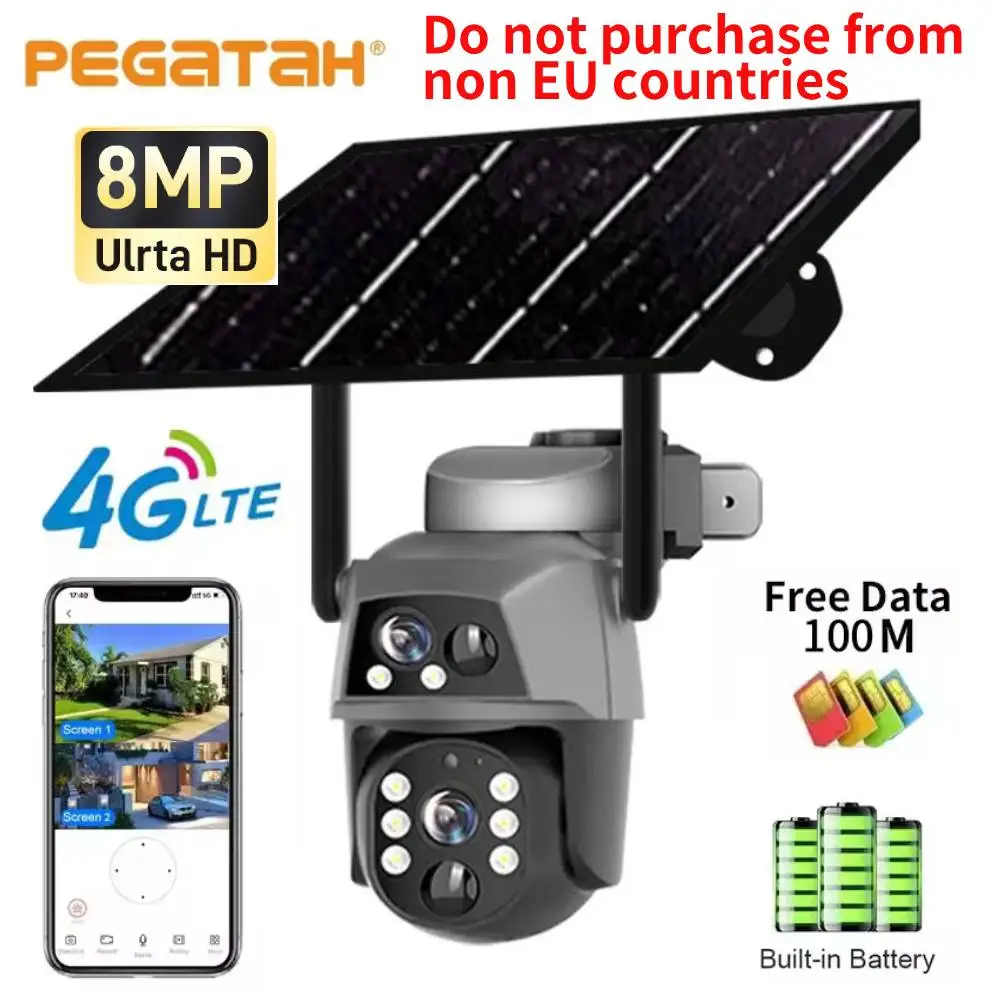 

4G Solar Camera 8MP 4K Dual Lens PIR Sim Card built in Night Vision Waterproof Security Video IP Camara Battery CCTV Monitor