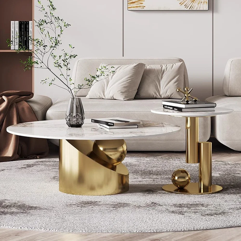 Luxury home commercial furniture white and gold coffee table round sintered stone coffee table with side stool