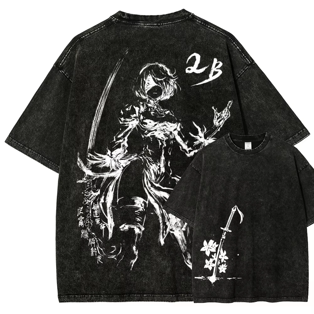 Nier Automata Washed Graphic T-Shirt 2026 Neues Modell Unisex Persönlichkeit Ganzjährig Streetwear Baumwoll-Oberteil – Detail 3