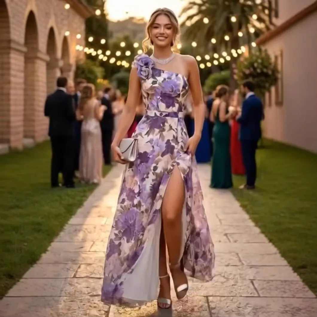 

2026 New Summer Slim-Fit Waist-Cinching One-Shoulder Printed Slit Long Dress