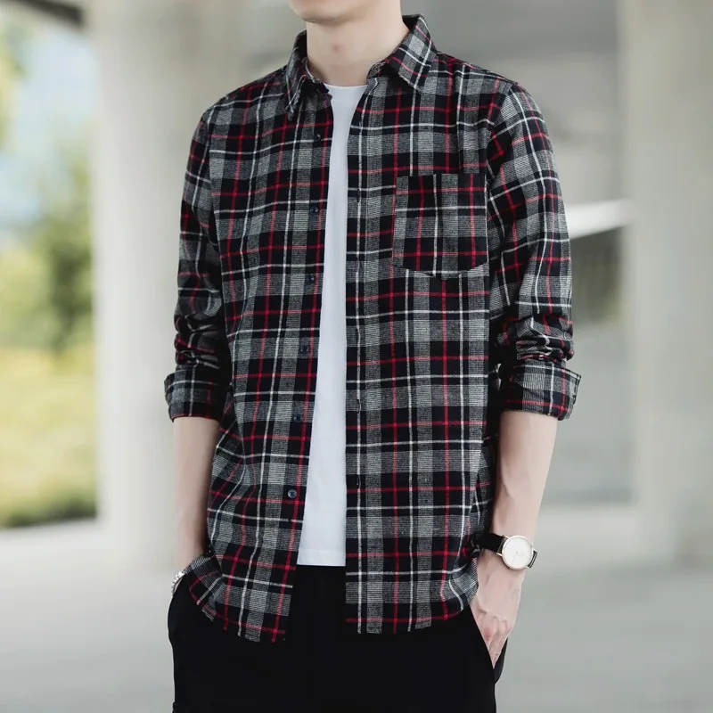 2025 Men Spring Autumn Fashion Long Sleeve Plaid Shirts Male Buttons Casual  linenLoose Blouses Mens Oversize Pocket Shirt P785