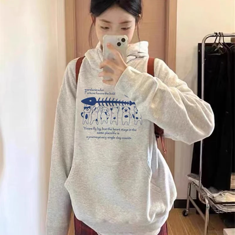 Koreanisches Kawaii-Katzenmuster, lässiges Oversize-Kapuzenpullover für Damen, 2025, Winter, Retro-Samt, Oversize-Damen-Sweatshirt, Y2k