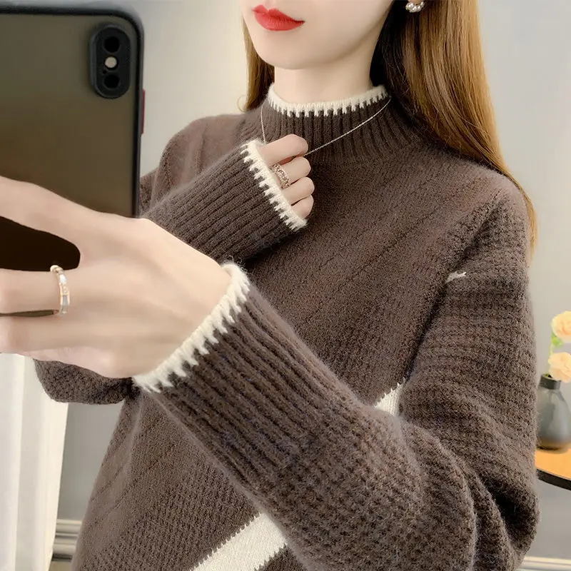 

Thicken Warm Sweater Women Fashion Patchwork Color Pollover Tops Female Autumn Winter Half High Collar Basic Shirt Pull Femmes