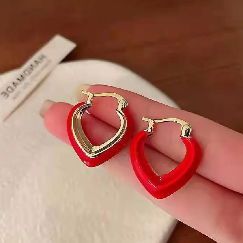 High Quality Elegant Red Drop Glaze Love Heart 925 Silver Needle Ladies Tassel Stud Earrings Wholesale Jewelry Anti Allergy