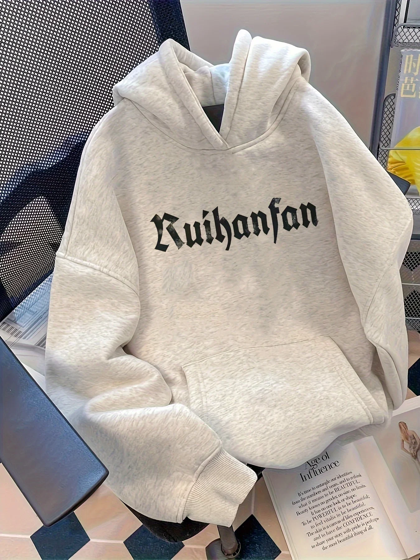 Gothic Hoodie Ruihanfan Old English Letter Distressed Vintage Streetwear Gray Oversized Casual Sweatshirt Long Sleeve