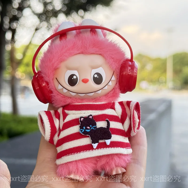 

4th Gen Mini Labubu Heart Code Series Streetwear Set, Cat Decal Striped Tee with Matching Headphones for 10cm Vinyl Doll