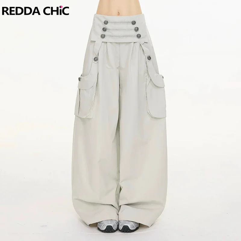 IMU REDDACHiC Women Y2k Pants with Big Pockets Steampunk Button Decor Elastic Waist Baggy Cargo Pants Vintage Alternative Clothe