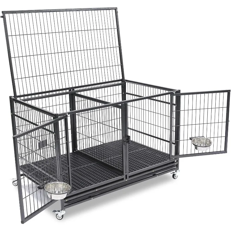 Metal Open Top Stackable Heavy Duty Dog Cage W/Floor Grid, Tray, Divider, and Feeding Bowl