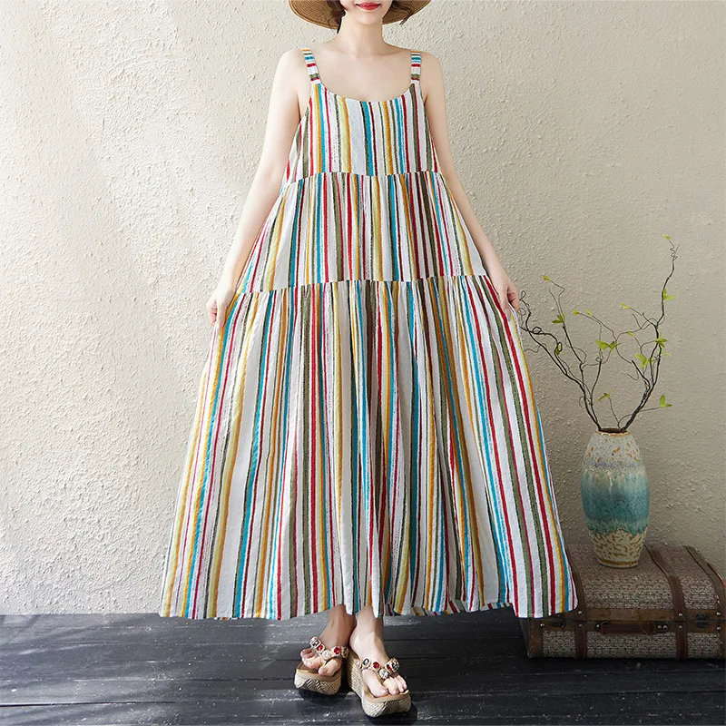 

Женское хлопково-льняное платье, новинка 2025, летнее модное свободное платье на бретелях, повседневные женские платья с большим подолом и принтом в вертикальную полоску
