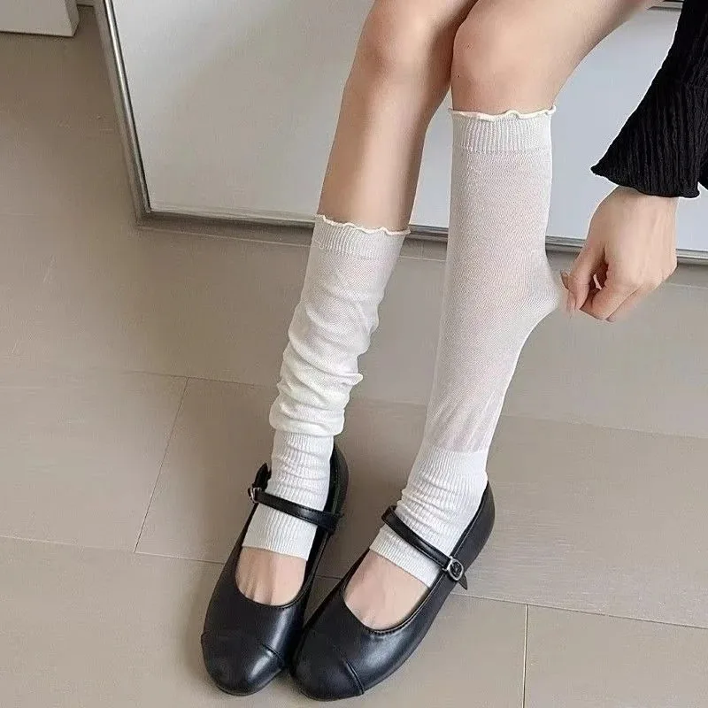 

Women Thin Cotton Stirrup Legwarmers Ballet-style Ruffled Edge Pile-up Knee High Socks Japanese Knitted Boots Footed Leg Covers