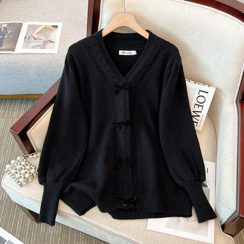 150Kg Plus Size Women\'s Bust 150 Spring Autumn Loose V-Neck Bow Sweater Long Sleeved Knitted Coat Black Red 5XL 6XL 7XL 8XL 9XL