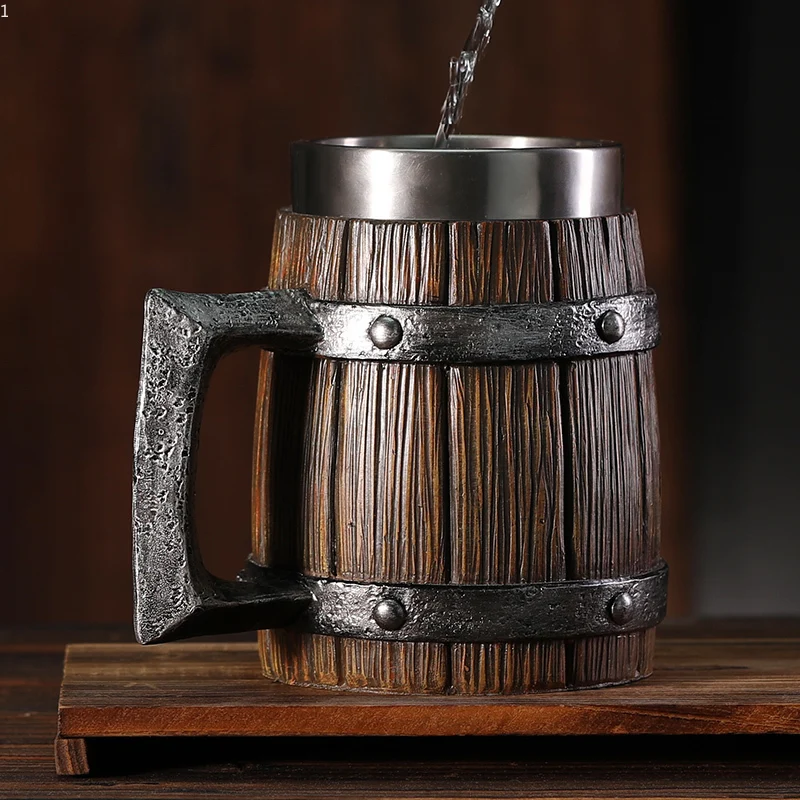 Imagem -04 - Viking Madeira Estilo Caneca de Cerveja 3d Resina Copo de Café de Vidro de Vinho Metal Jarro de Parede Dupla Copo Térmico 2023 Aço Inoxidável