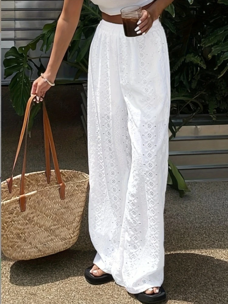 2026 Women's Summer Solid Color Hollow Embroidery Casual Loose Elastic Waist Pants Casual Versatile Commuting Office