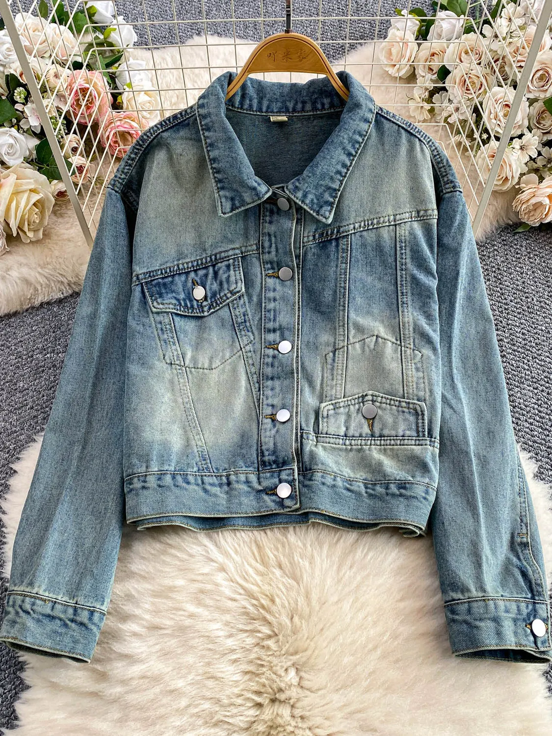 

Retro Sle Worn-look Design ket Flip Collar Long Sve Denim Jaet Loose Slimming ort Length Women's Autumn Top