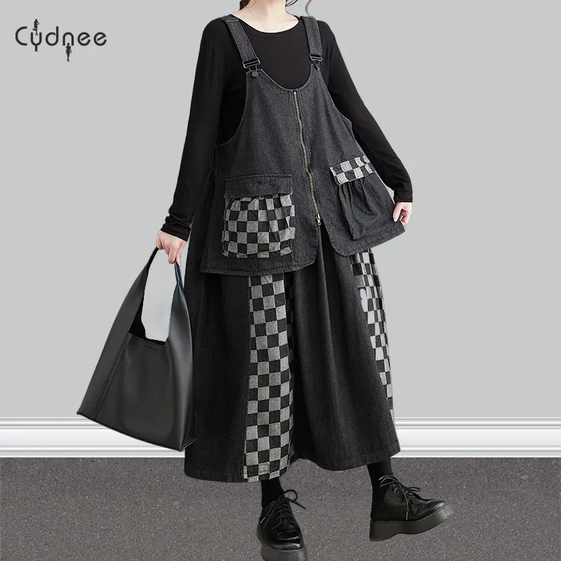 Women's Casual Solid A-Line Straps Overall Sunress Plaid Checked Black Patchwork Cotton Denim Strap Dresses