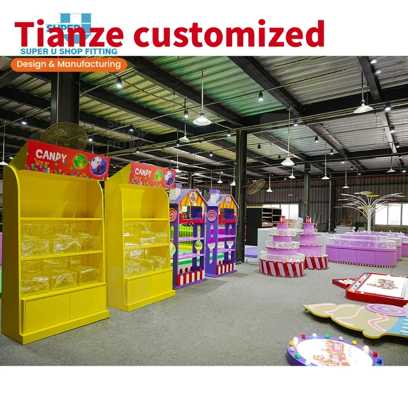 (Customized) Retail Store Design Candy Shop Display Wall Yellow Candy Display Stand Purple Candy Display Shelves