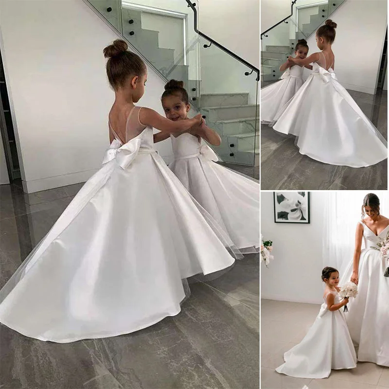 FashionMia Simple White Satin Kid Flower Girl Dress Puffy Ball Gown with Bow for Wedding Birthday Party V Neck Sweep Train