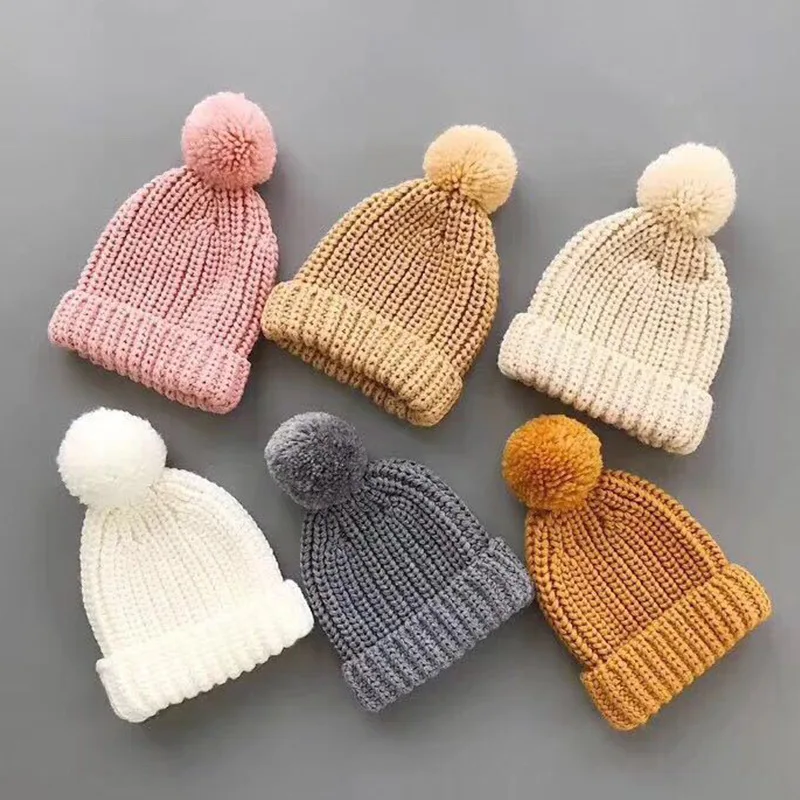 0-4Y Knitted Bobble Hat Baby Kids Winter Warm Beanie Pom Pom Ball Wool Knit Bonnet Hat Children Crochet Ski Hat Girl Boy Turban