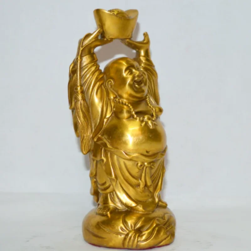 Vintage Brass Laughing Buddha Statue Holding Gold Ingot - Traditional Zen inspired ornaments, Home Altar Decor & Collectible