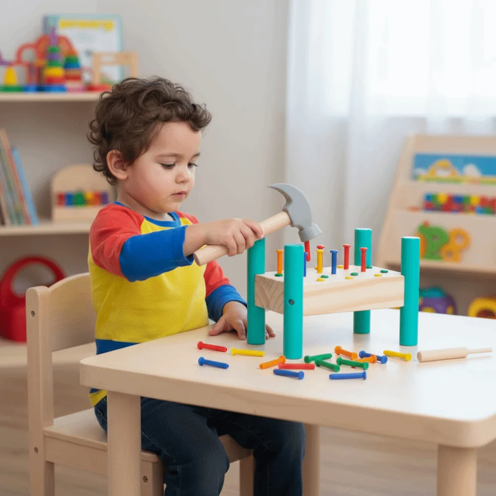 Montessori Knock Nails Werkzeug Holz Frühes Lernen Doppel Seiten Stecktafel Kunststoff Nagel Montage Werkzeug Baby Hammer Hit Holz Spielzeug