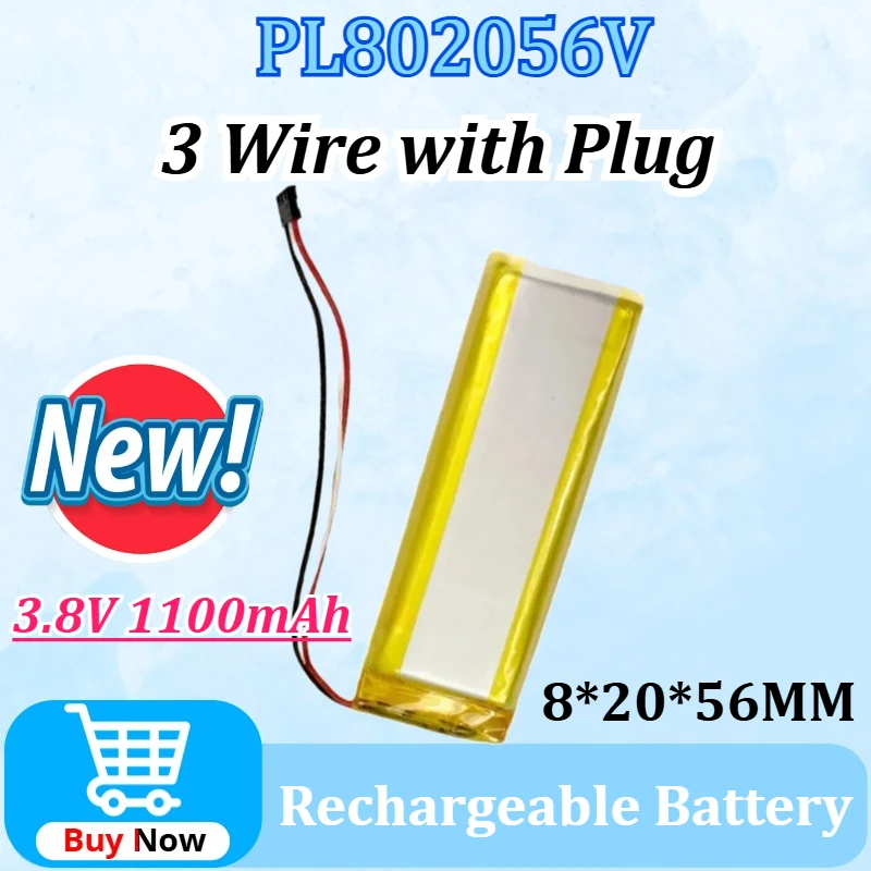 

PL802056V 3.8V 1100mAh for Recorder Camera Recording Pen Scanning Pen Battery 3 Wire with Plug for Bluetooth Earphones Battery