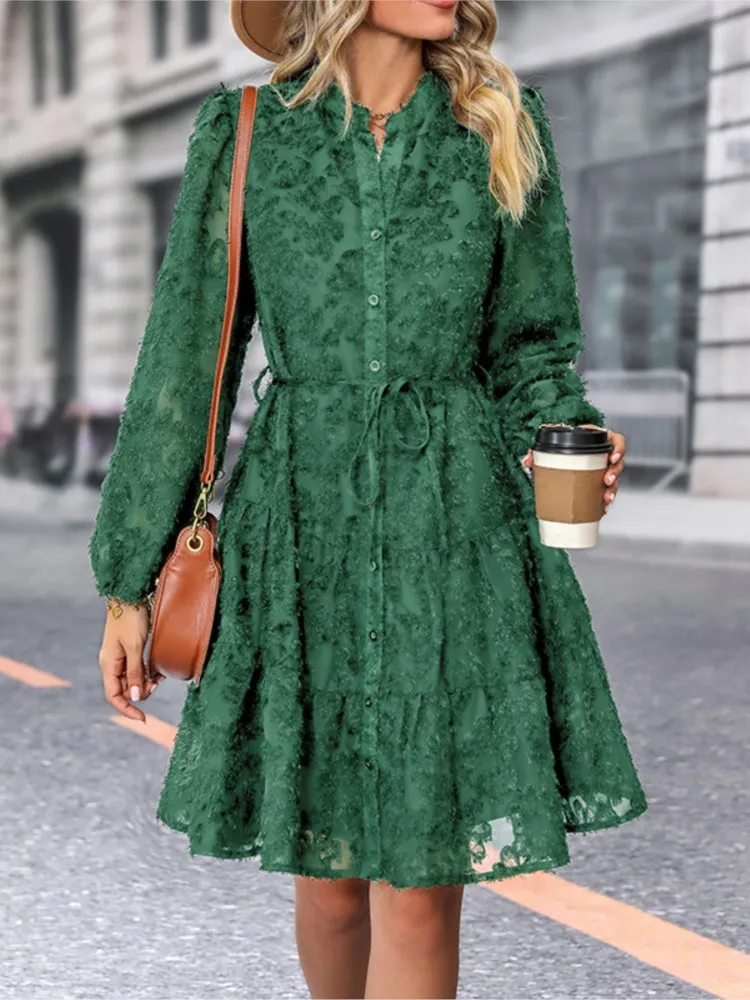 

Summer New Women Temperament Solid Color Lace Dresses Fashion Leace-up Single Breasted See Through Lace Patchwork A-line Dress