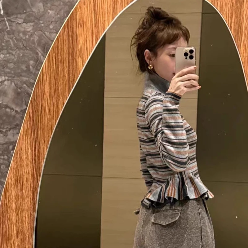 Vintage Striped Knitted Cardigan Women Fall Winter Ruffles Long Sleeve Sweaters Slim Fit Hottie Streetwear Stand Collar New Tops