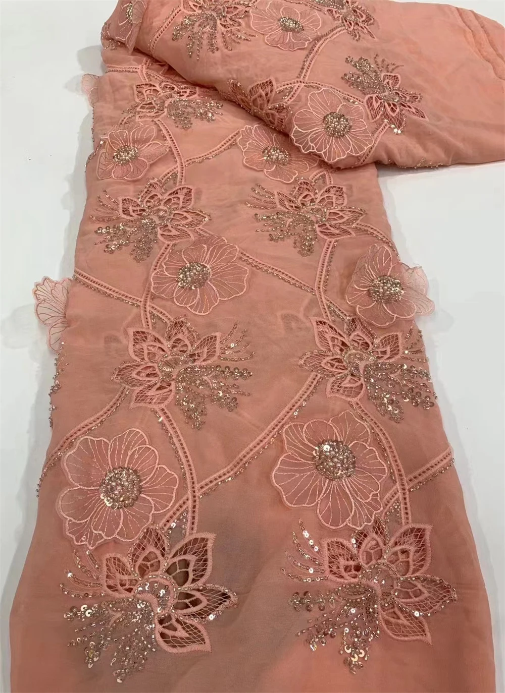 

African Chiffon Lace Fabric 2024 High Quality Lace Material peach Nigerian French Lace Fabric For Women Wedding Party