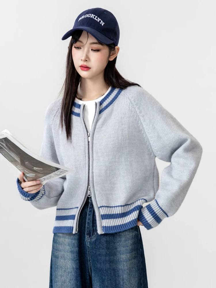 Zoki Vintage Striped Cardigan Sweaters Women Casual Loose Knitted Baseball Jackets Fall Preppy Style Lady Double Zipper Tops New