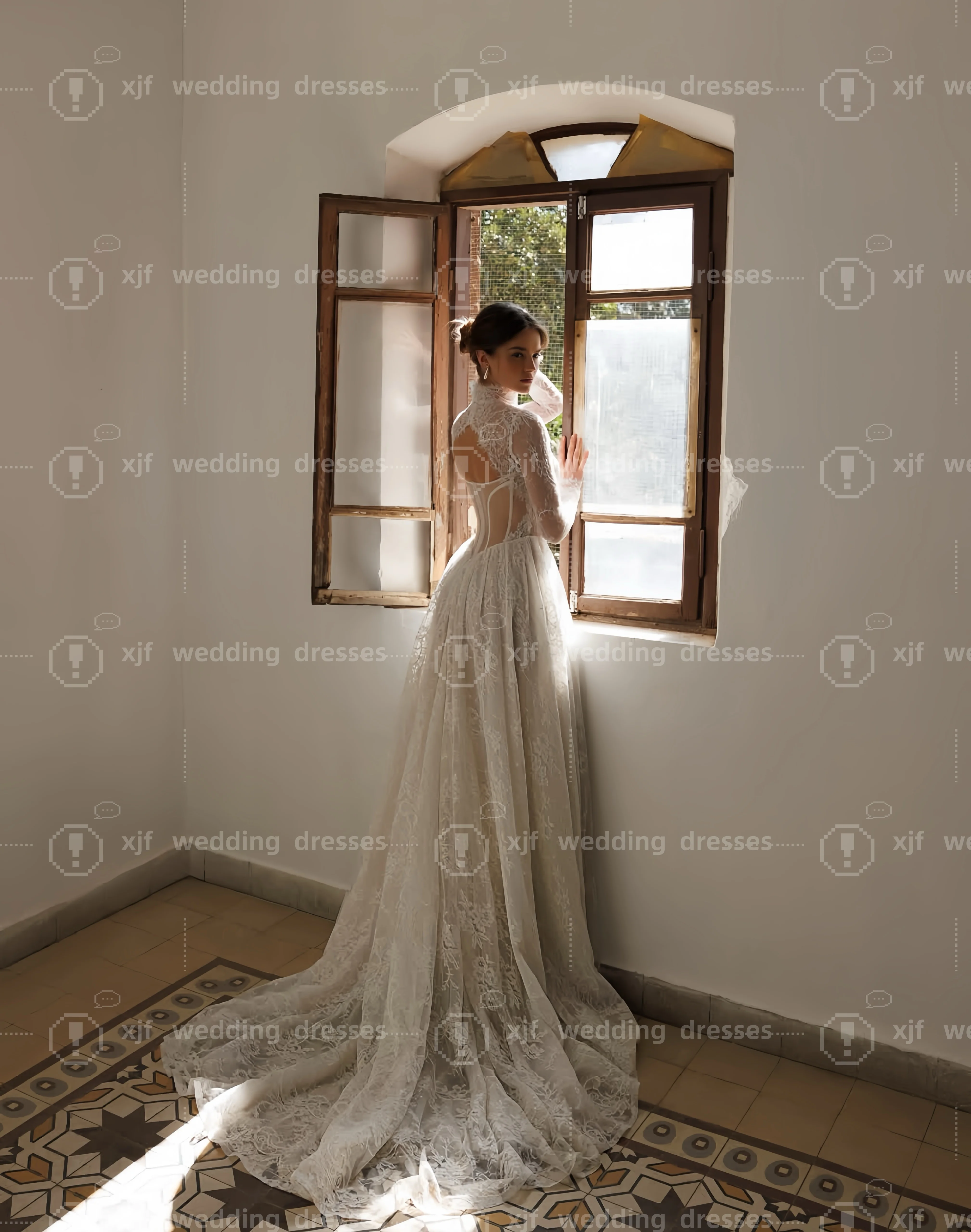 Customized High-Neck Long-Sleeved A-Line Lace Elegant Wedding Dress Vestidos De Novia Amanda Novias Amanda Novias Official