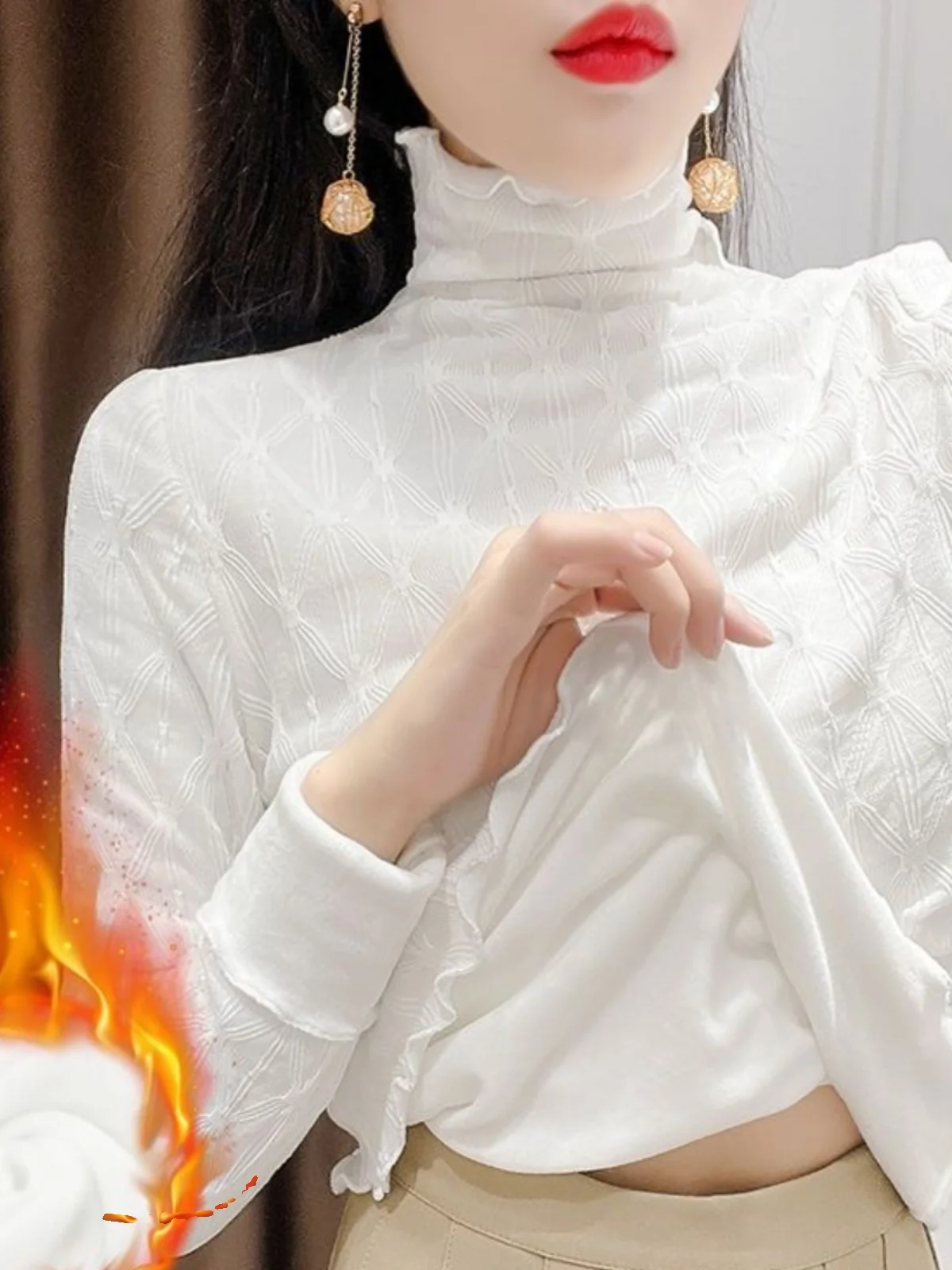 

Модный кружевной топ для женщин с высоким воротником, приталенный, с длинными рукавами, для офиса, цветной