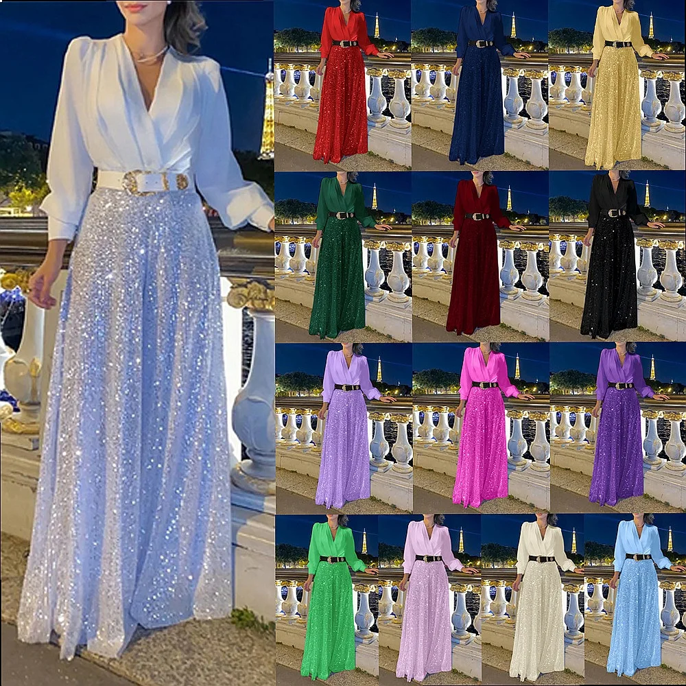 V Neck Long Sleeve Blouse Top Tunic Elegant Waist Slimming Sequin Wide Leg Pants Jumpsuit Playsuit Matching Set