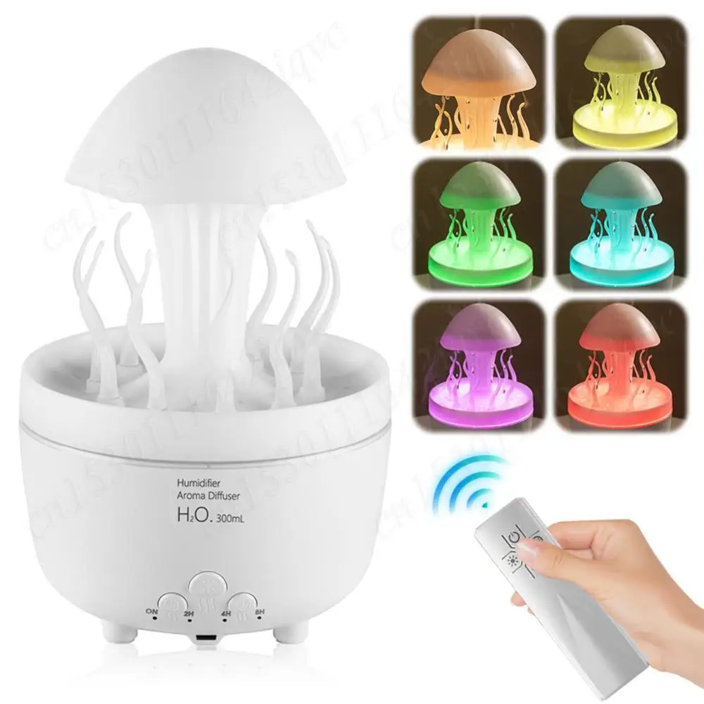 300ml Jellyfish Humidifier Essential Oil Diffuser with 7 Colors Night Light Aromatherapy Diffuser Raindrop Humidifier for Home