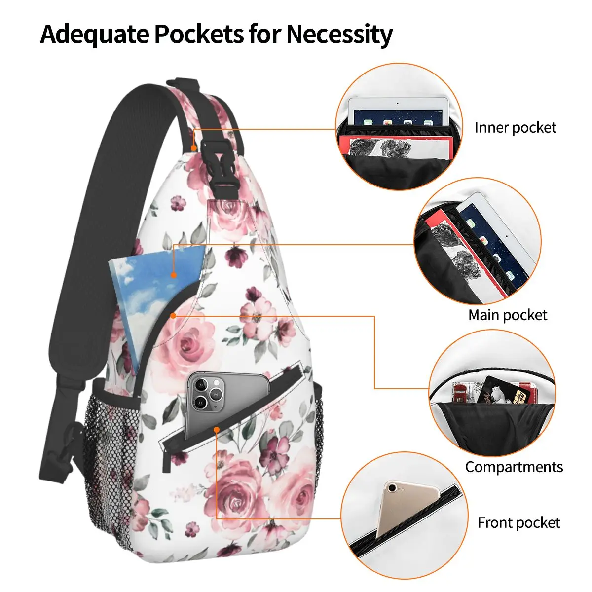 Aquarela Rose Flores Pequeno Sling Sacos Peito Crossbody Ombro Sling Mochila Outdoor Sports Daypacks Vintage Pattern Bag