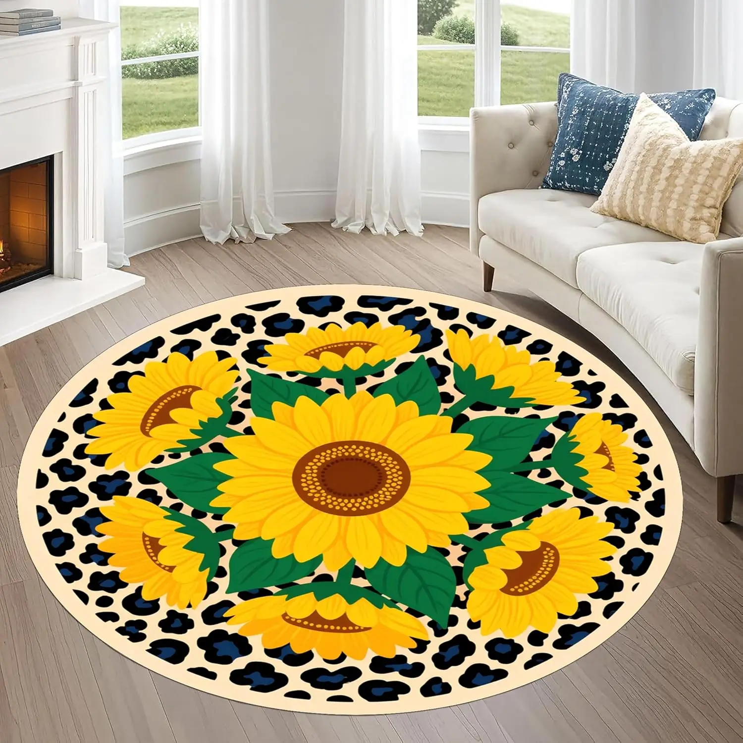 Abstract Psychedelic Sunflower Round Rug Multi Color Animal Spots Area Mat Nordic Retro Sofa Coffee Table Bedroom Statement
