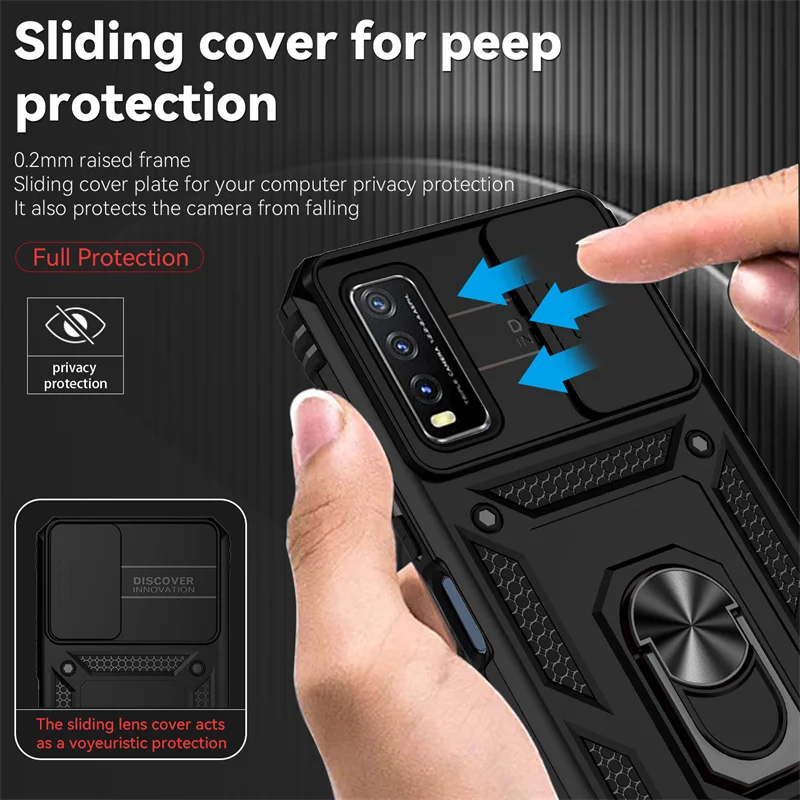 Shockproof Armor Phone Case For Vivo Y20 Slide Camera Lens Protect Shell For Vivo Y 20 VivoY20 Magnetic Ring Stand Holder Cover