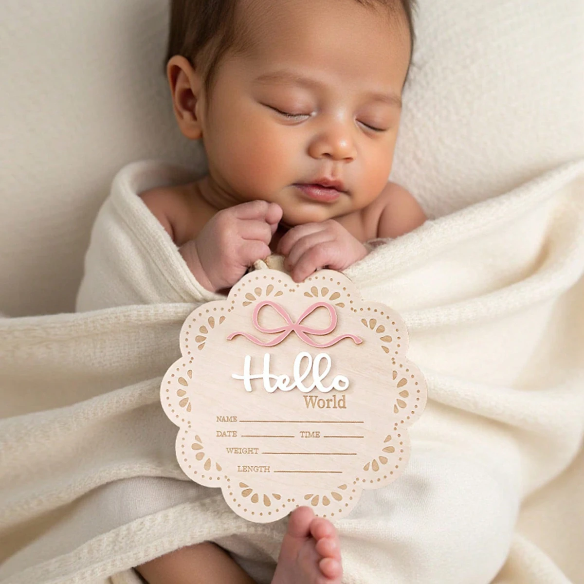 Ylsteed Hello World Newborn Baby Announcement Sign Pink Bow Flower Shaped Wooden Newborn Keepsakes Props Baby Photoshoot Ideas