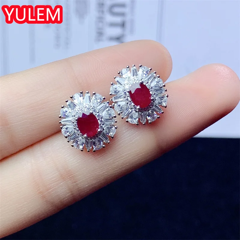 Natural Pigeon Blood Red Ruby Earrings Real S925 Sterling Silver Fine Fashion Wedding Jewelry for Women