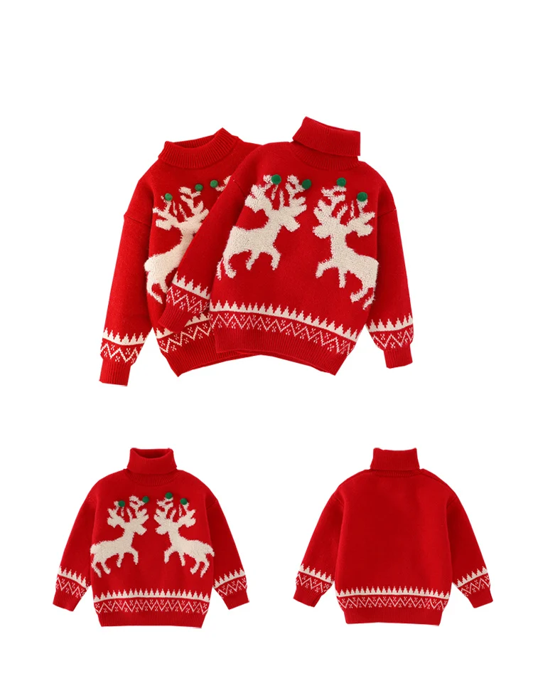 Kinder-Weihnachtspullover-Kostüm für Mädchen, Neujahrspullover mit Hirschmotiv, gestrickte Kleidung, Kinder-Rollkragenpullover, rote Strickware, Alter 4-13 Jahre – Detail 12