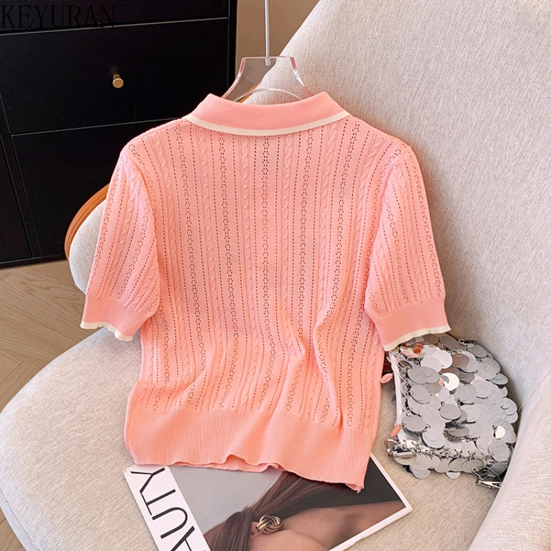 2024 Spring Summer Flower Short Sleeve Sweater Women Knit T-Shirt Thin Hollow Out Polo Collar Pullover Knitwear Tops Tees Jumper