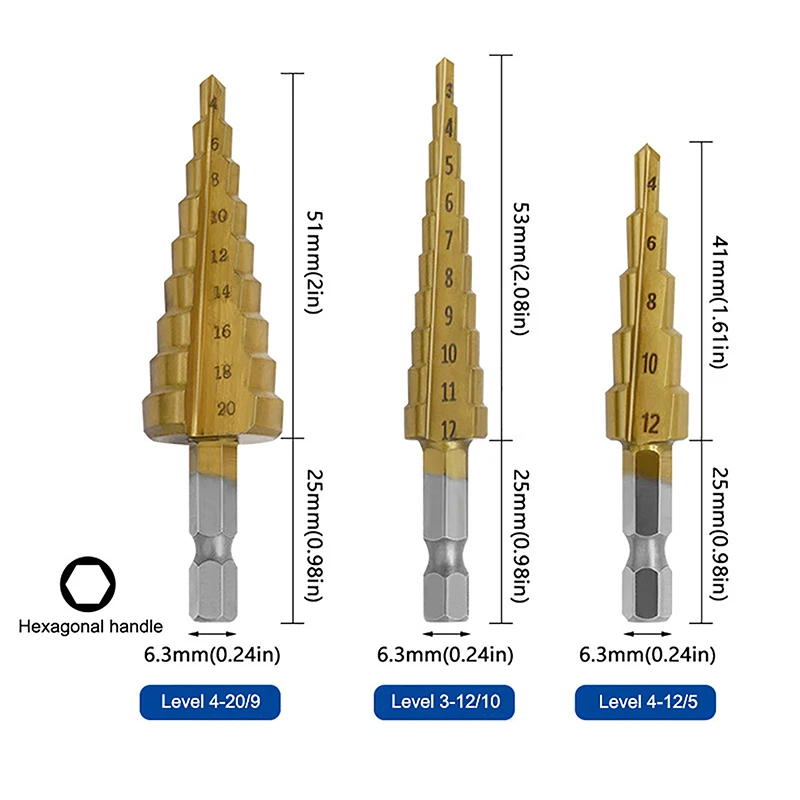 Набор сверл с шестигранной ручкой и лестницей с титановым покрытием, 3-12/4-12/4-20 мм