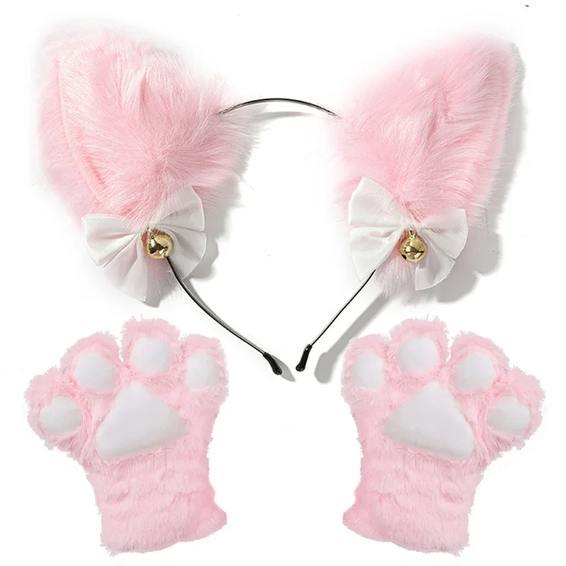 Cat Ear Maid Gloves Cosplay Costume Set Plush Ear Bell Headband Hair Band Bowknot Bells Hair Clips Paws Anime Props for Girls