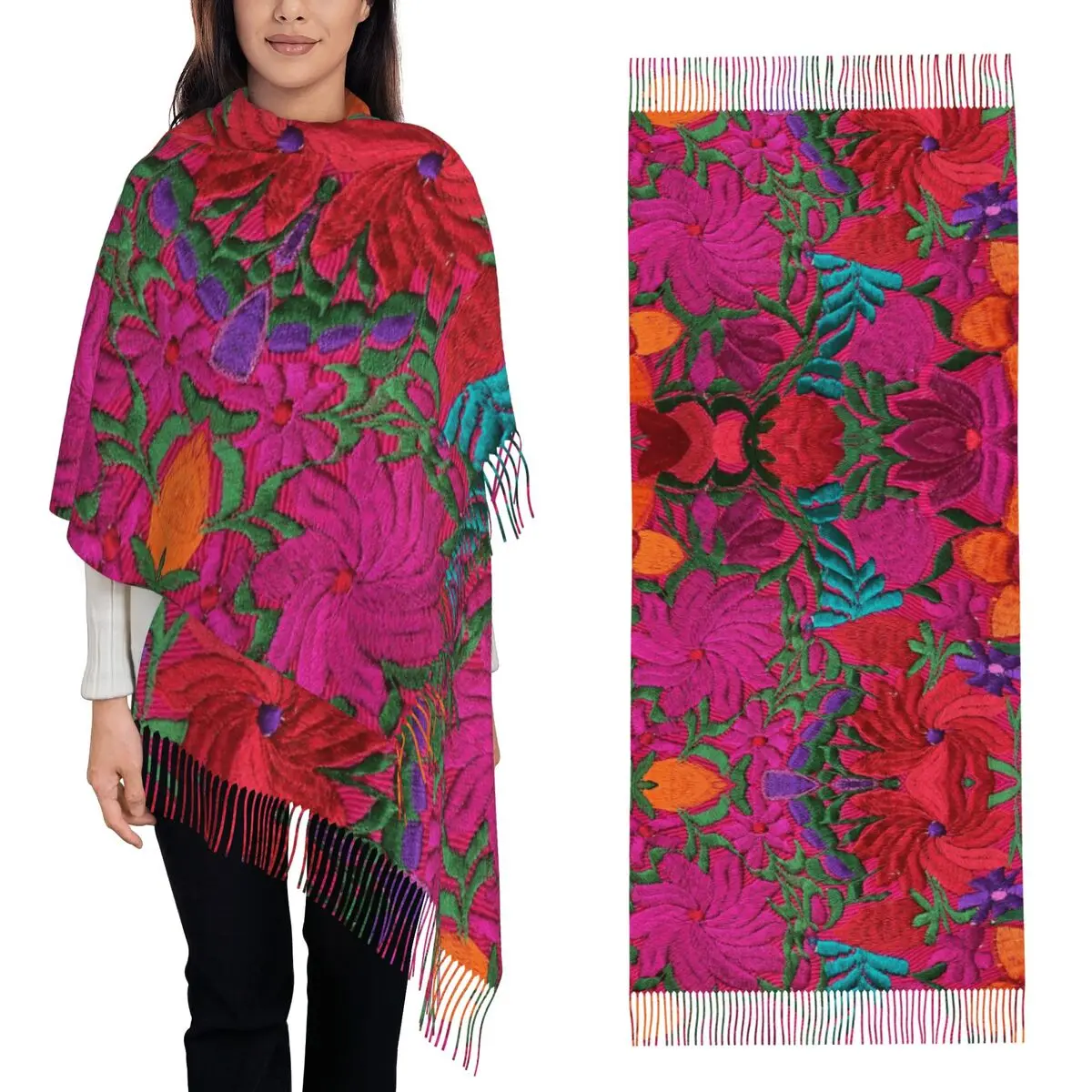 

Мексиканские испанские цветы, традиционный текстильный шарф с цветами, шарфы с кисточками для женщин, шали и накидки, длинная осенне-зимняя шаль