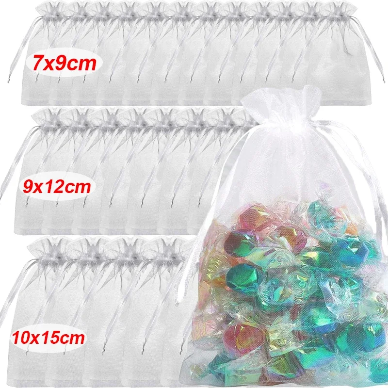 100pcs White Organza Gift Bags Candy Drawstring Mesh Bags Christmas Party Packaging Small Pouches Jewelry Gauze Sachet Storage